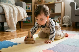 Bébé de 18 mois en salopette qui rampe sur un tapis de jeu coloré et attrape un jouet en bois pour développer sa motricité