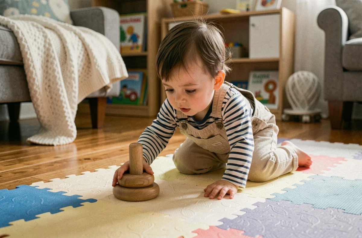 Bébé de 18 mois en salopette qui rampe sur un tapis de jeu coloré et attrape un jouet en bois pour développer sa motricité
