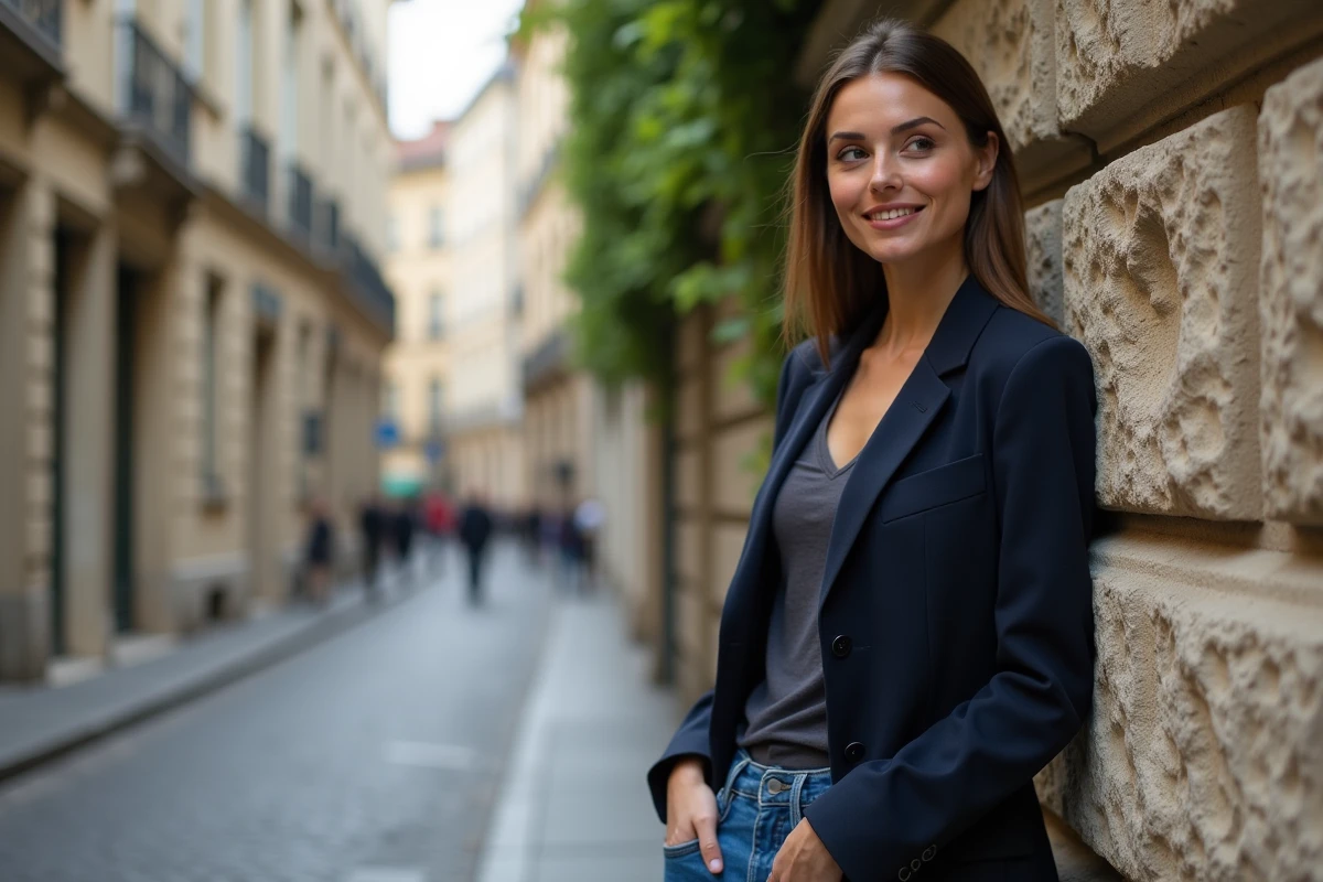 Actrice française posant contre un mur en pierre à Paris