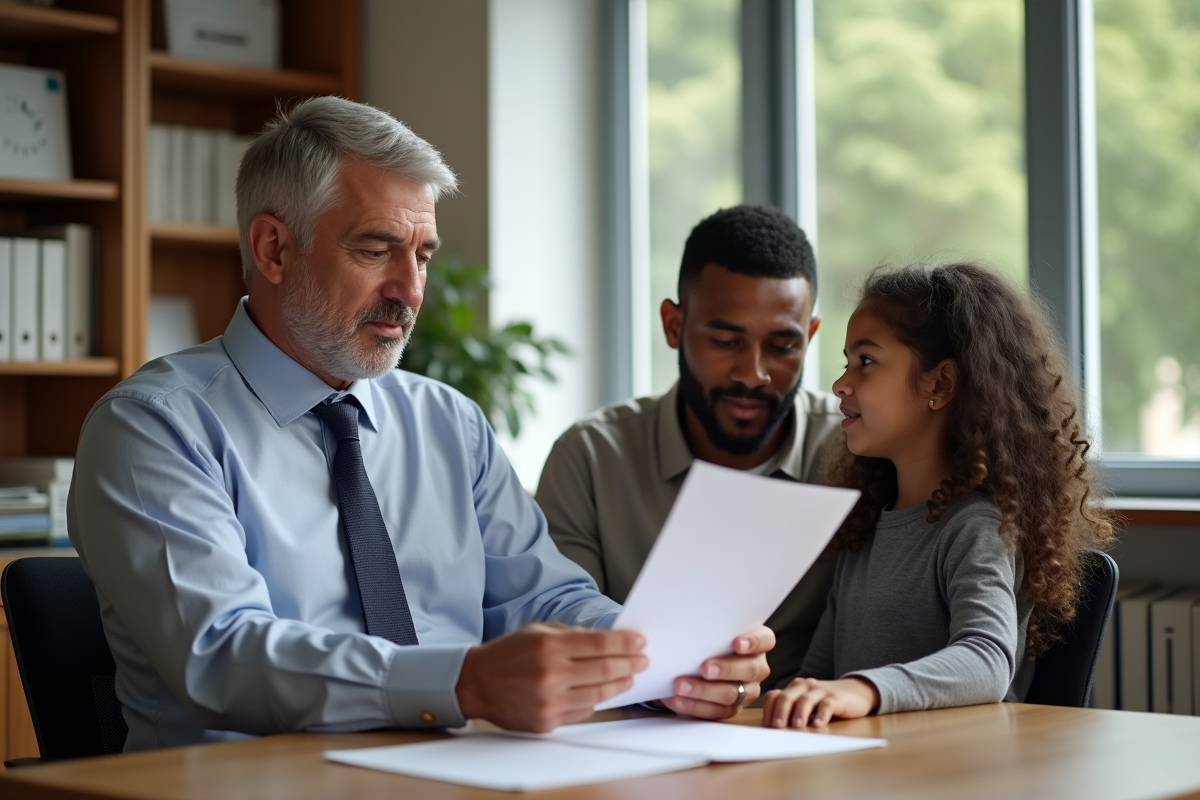 Administrateur remettant un formulaire à des parents à l