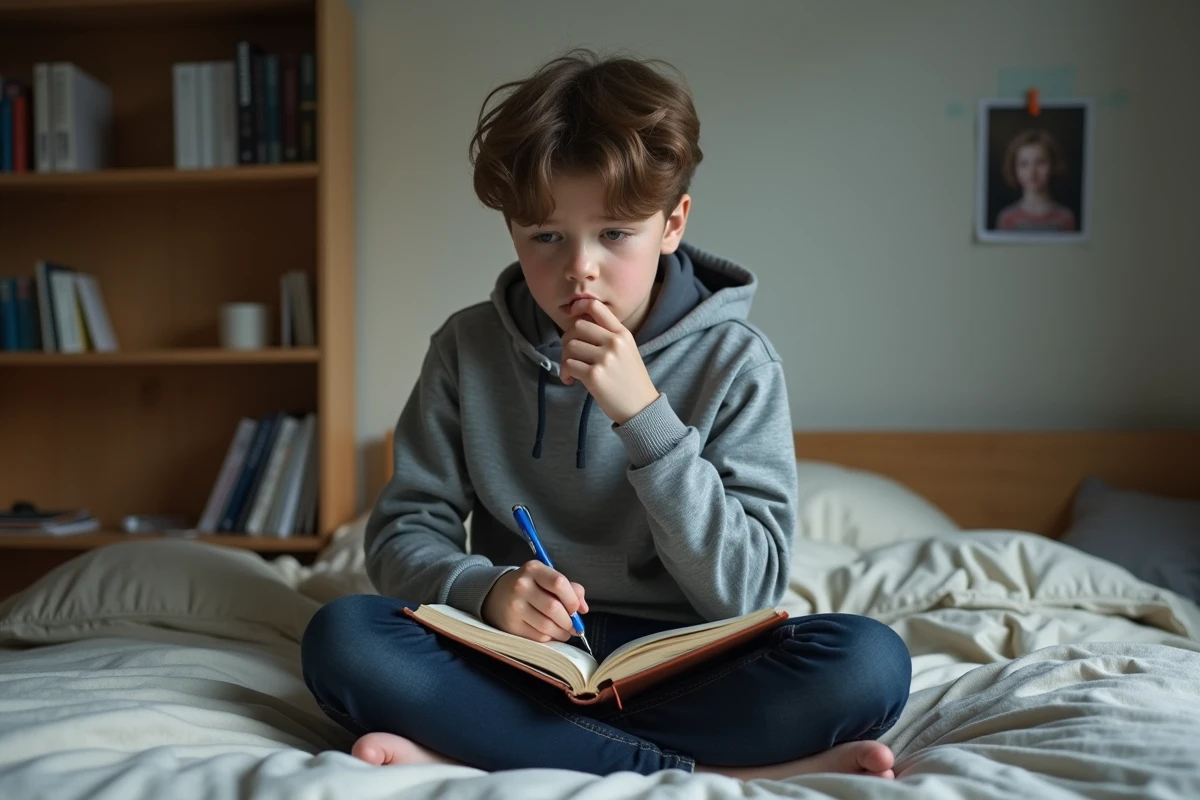 Adolescent assis sur son lit, écrivant dans un carnet pour exprimer son deuil de son père