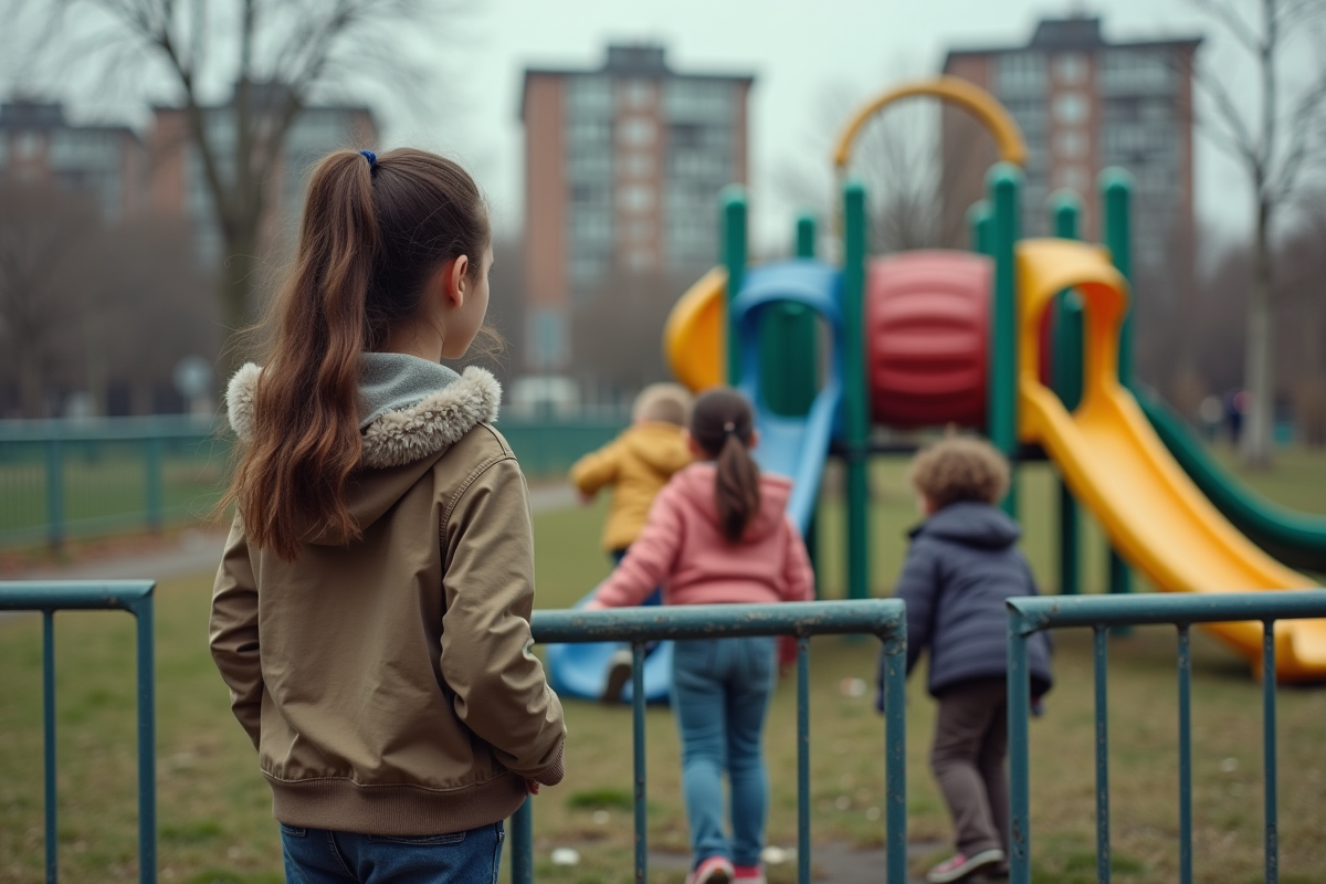 Jeune fille surveillant ses frères et sœurs au parc