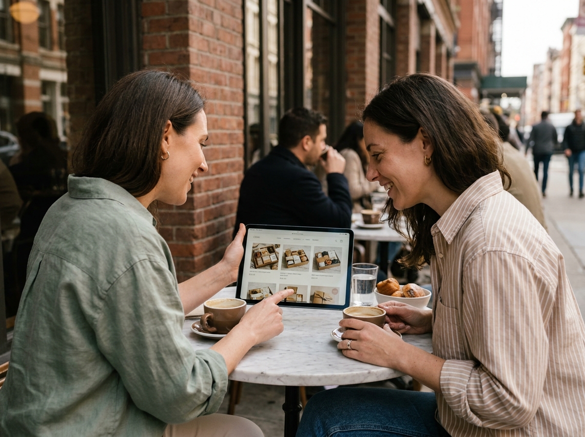 Deux amies comparant des idées de cadeaux personnalisés sur une tablette dans un café