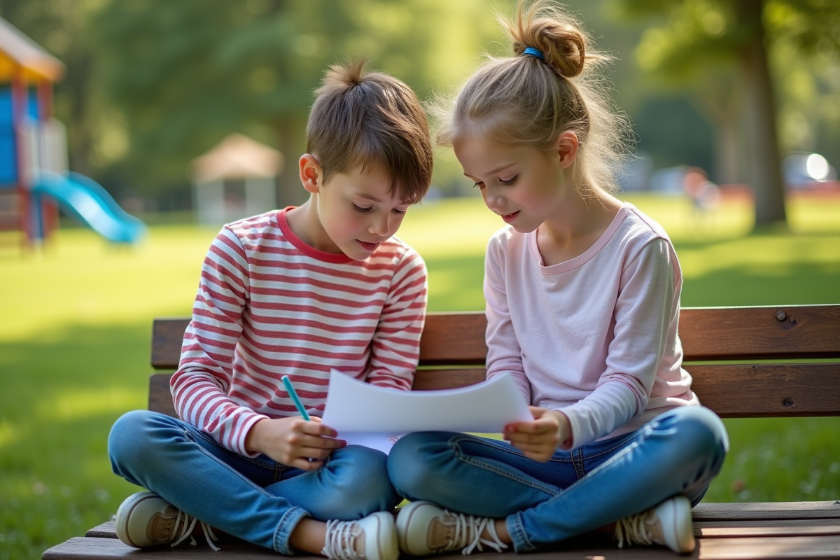 Deux amis jouant aux 20 questions sur un banc dans un parc