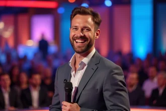 Animateur de jeu télévisé souriant sur un plateau coloré tenant un microphone, ambiance émission française