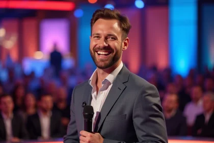 Animateur de jeu télévisé souriant sur un plateau coloré tenant un microphone, ambiance émission française