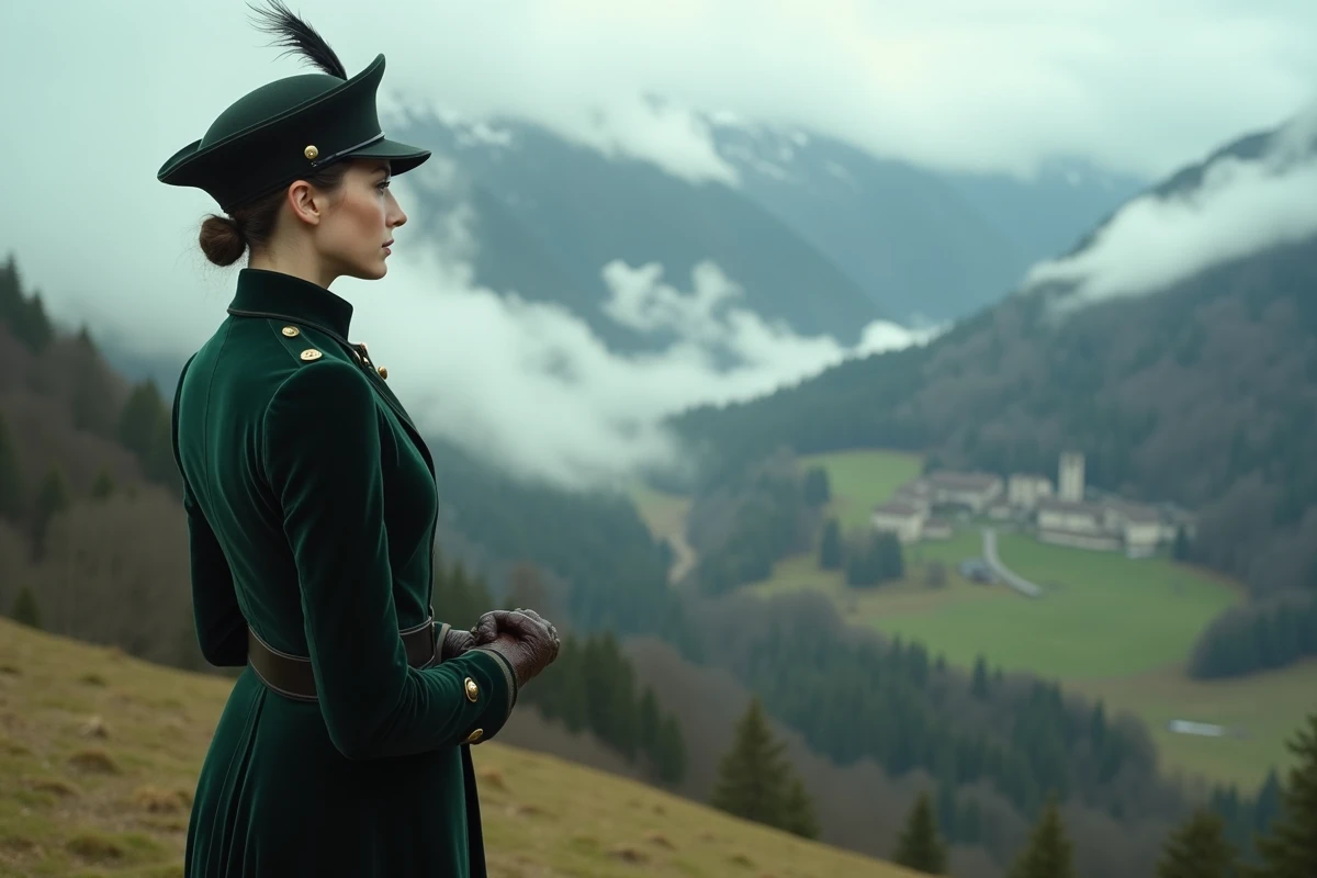 Femme en tenue d'équitation aristocratique victorienne debout sur une colline alpine bavaroise face à un château médiéval dans la brume, symbolisant le destin historique de la Bavière royale