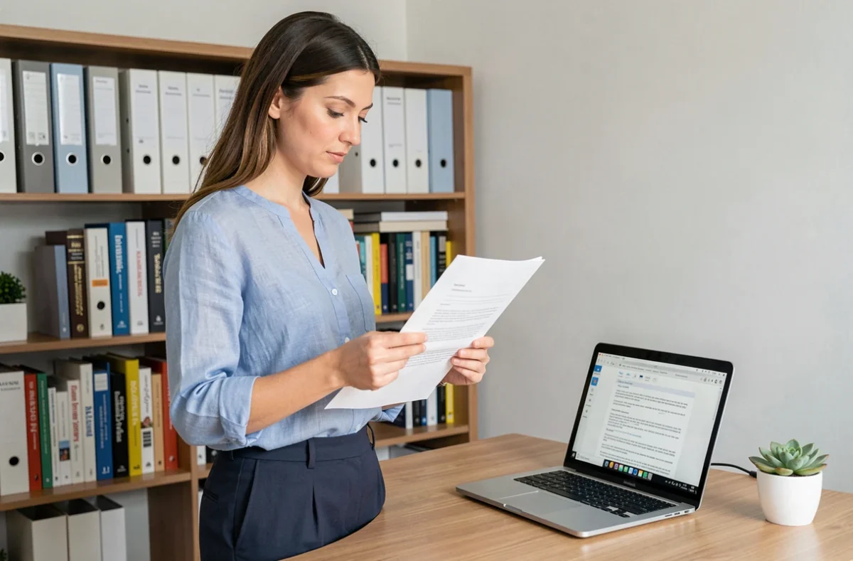 Assistante maternelle lisant un document officiel de préavis dans un bureau à domicile