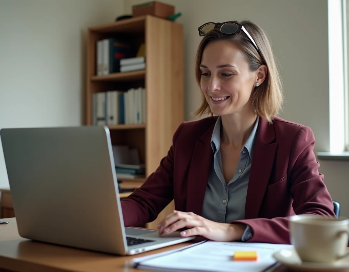 Assistante sociale travaillant depuis le domicile d'un client avec un ordinateur portable et des documents de services sociaux