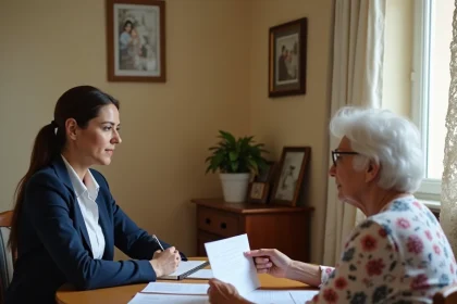 Assistante sociale &agrave; domicile en r&eacute;union avec une personne &acirc;g&eacute;e autour d'un formulaire administratif dans un salon modeste