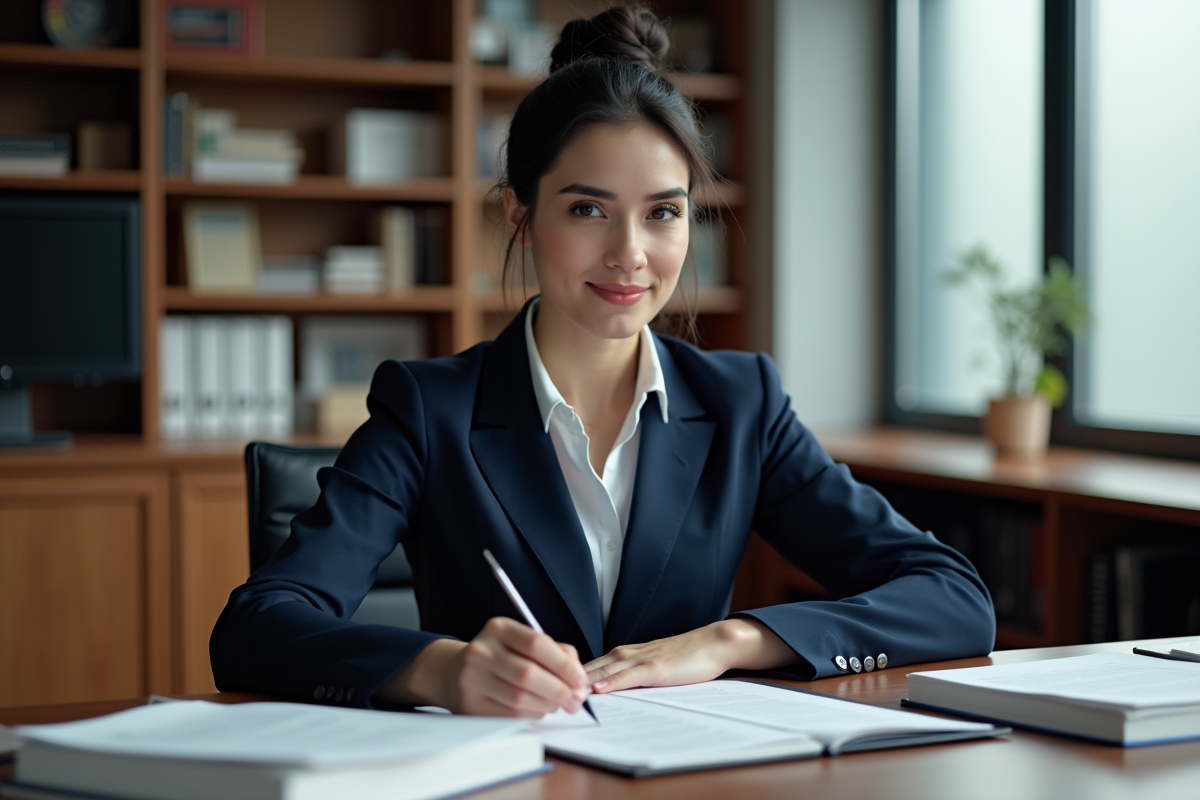 Femme avocate examinant des documents dans son bureau