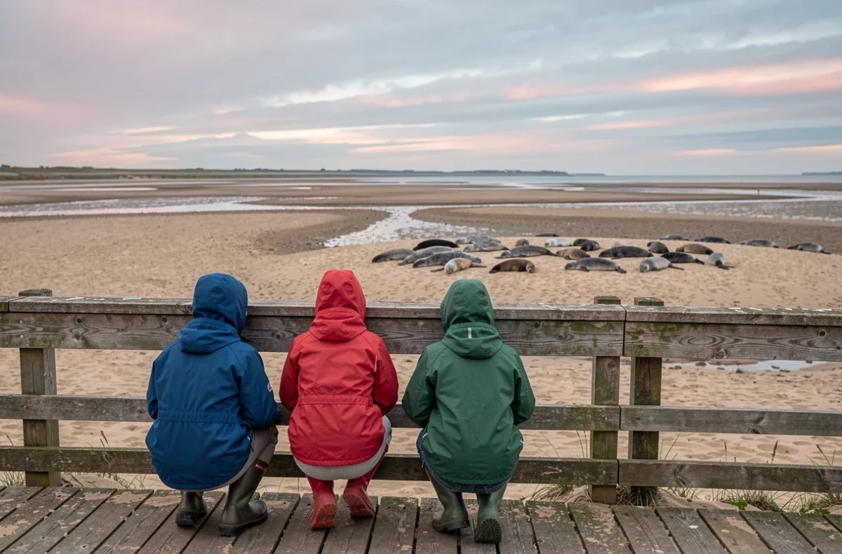 Famille observant des phoques depuis une passerelle en bois sur la Baie de Somme