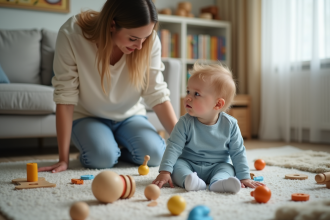 Bébé de 14 mois assis sur un tapis coloré avec jouets en bois