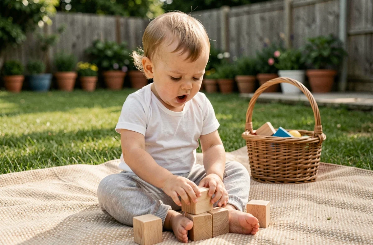 Bébé de 18 mois assis sur une couverture dans un jardin et jouant avec des cubes sensoriels en bois pour stimuler sa motricité fine en plein air