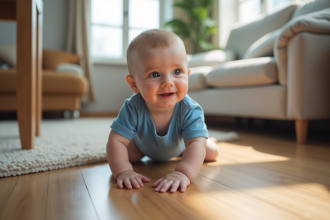 Bébé de 10 mois en crawling dans un salon sécurisé