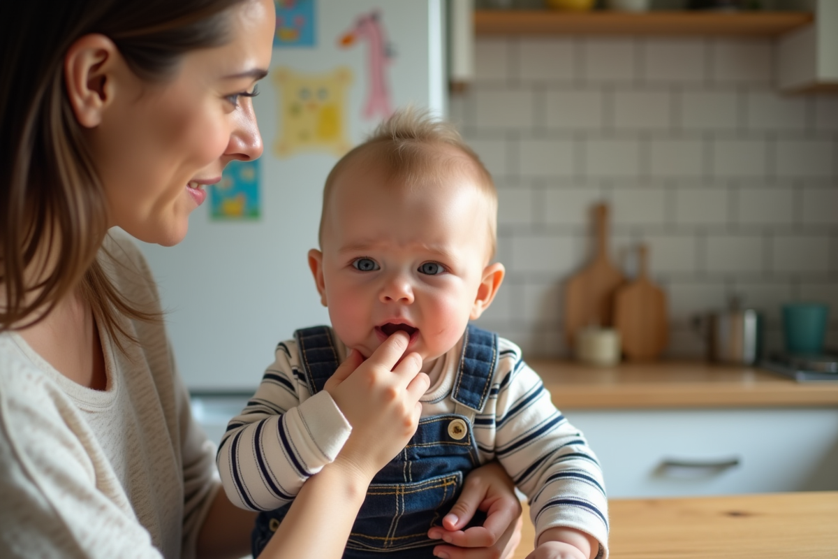 Bebe garçon de 10 mois consolée par sa mère dans la cuisine lumineuse