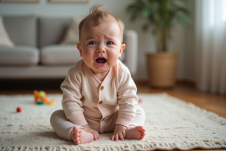 Bébé garçon de 5 mois en pleurs dans un salon moderne