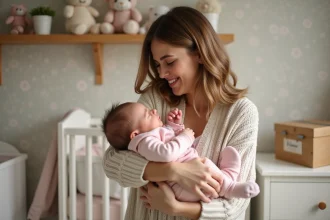 Bebe fille nouvelle nee dans les bras de sa marraine