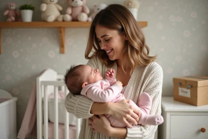 Bebe fille nouvelle nee dans les bras de sa marraine