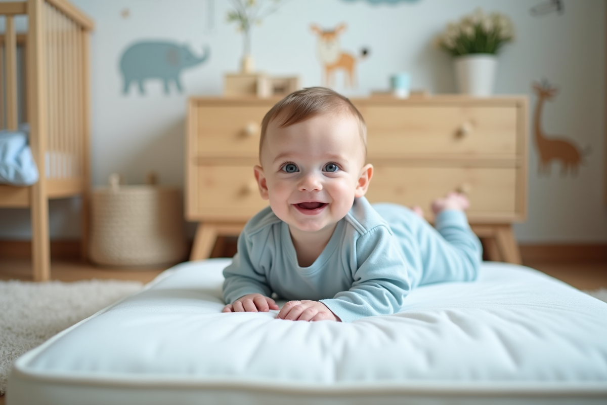 Bebe garcon éveillé sur un matelas dans une chambre accueillante