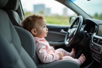 Bebe fille en siège auto regardant par la fenetre