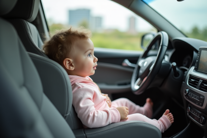 Bebe fille en siège auto regardant par la fenetre