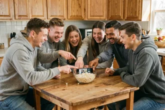 Famille et amis réunis autour d'une table pour un blind test maison avec un smartphone affichant un générateur de quiz musical