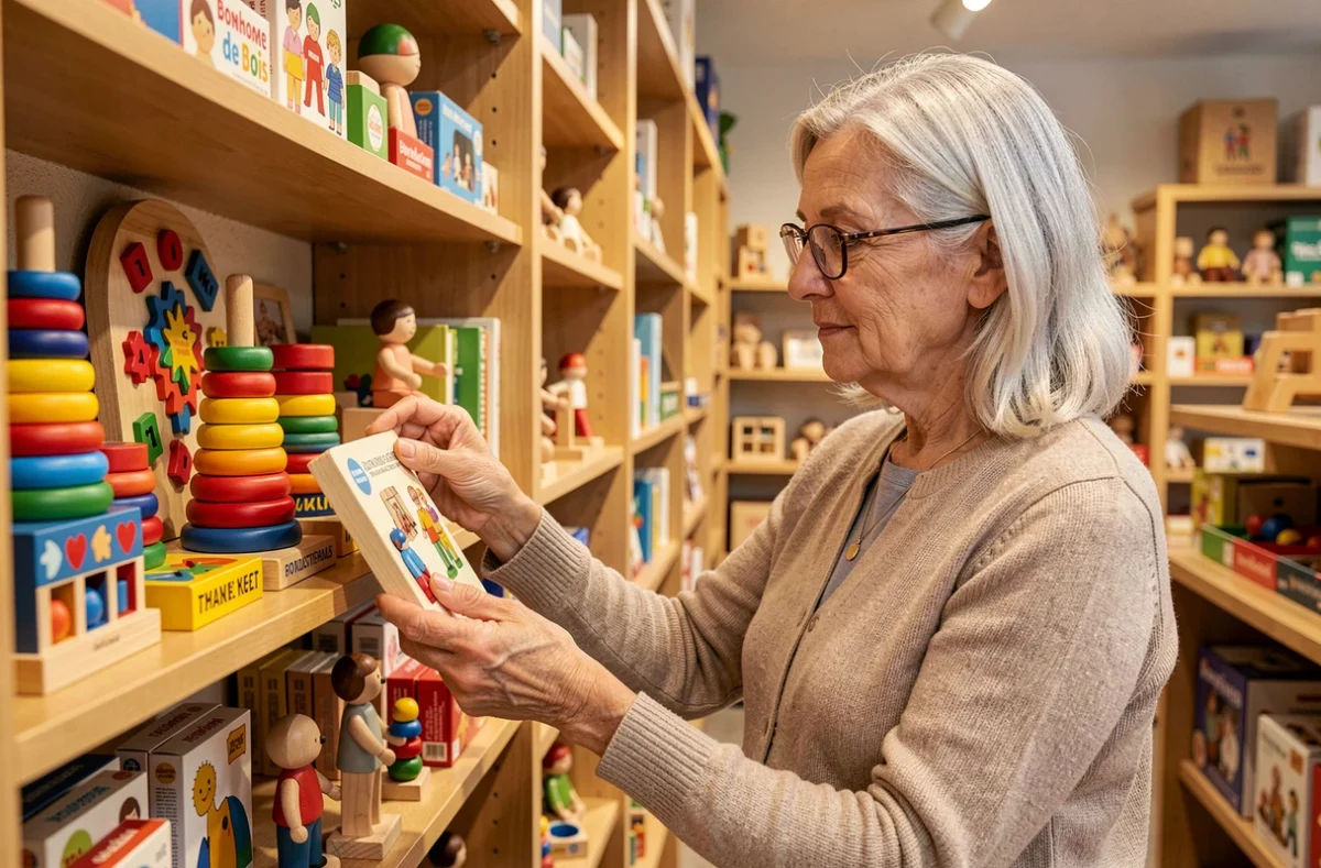 Grand-mère choisissant un jouet en bois éducatif dans la boutique Bonhomme de Bois à Bordeaux