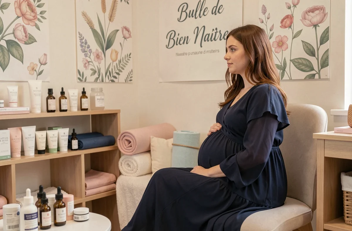 Femme enceinte dans l'espace bien-être prénatal de la boutique Bulle de Bien Naître à Poitiers