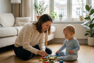 Mère et bébé d'un an jouant avec un jouet en bois éducatif comme cadeau d'anniversaire dans un salon scandinave