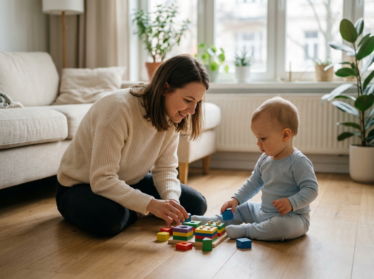 Mère et bébé d'un an jouant avec un jouet en bois éducatif comme cadeau d'anniversaire dans un salon scandinave
