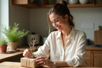 Jeune femme enveloppant un cadeau surprise pour annoncer une grossesse aux grands-parents
