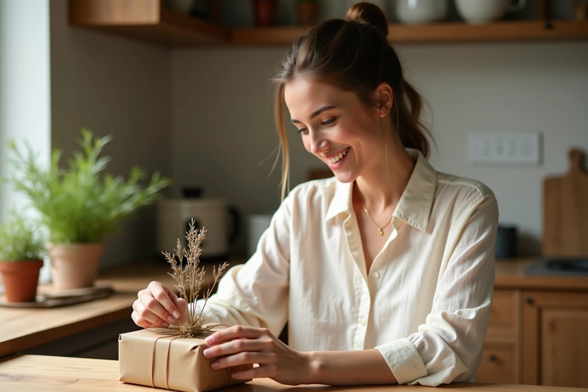 Jeune femme enveloppant un cadeau surprise pour annoncer une grossesse aux grands-parents