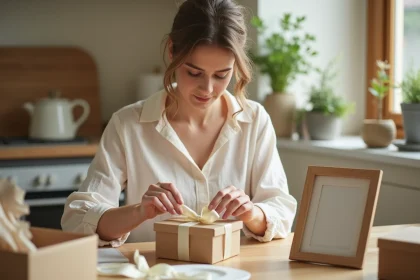 Jeune femme emballant un cadeau de baptême original en dernière minute sur une table en bois avec ruban ivoire et cadre personnalisé