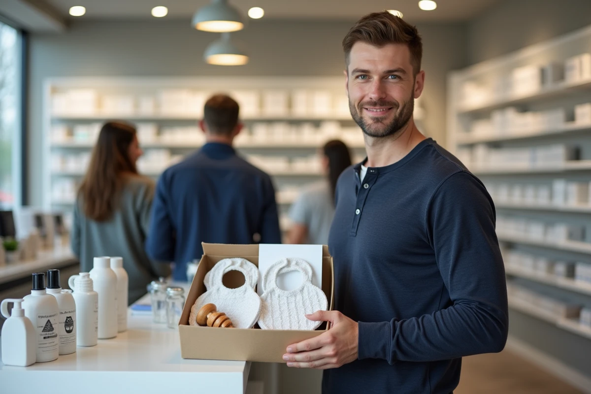 Homme tenant un ensemble cadeau de baptême de dernière minute acheté en pharmacie avec bavoirs biologiques et hochet en bois