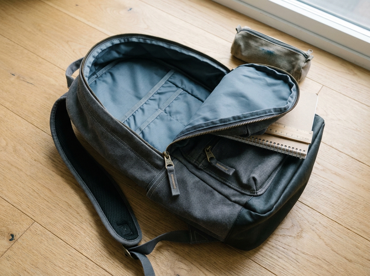 Vue rapprochée d'un cartable scolaire solide ouvert en gris anthracite montrant les détails de construction, coutures renforcées et compartiments intérieurs
