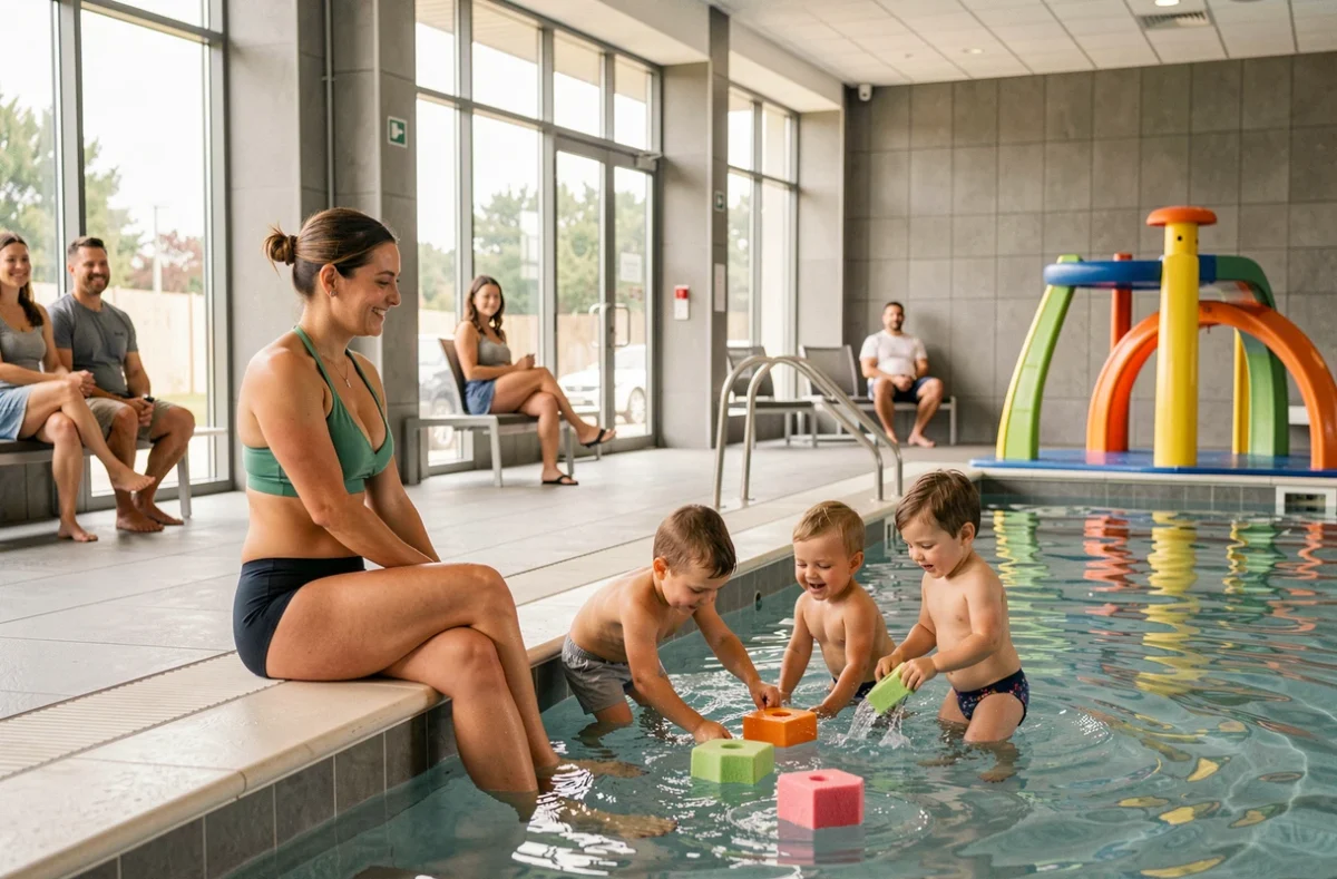 Instructrice et tout-petits autour d'un bac de jeux aquatiques lors d'un cours de bébé nageur au Centre nautique de Saint-Louis