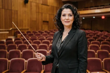 Cheffe d'orchestre élégante tenant une baguette dans une salle de concert parisienne, évoquant l'univers de Zahia Ziouani