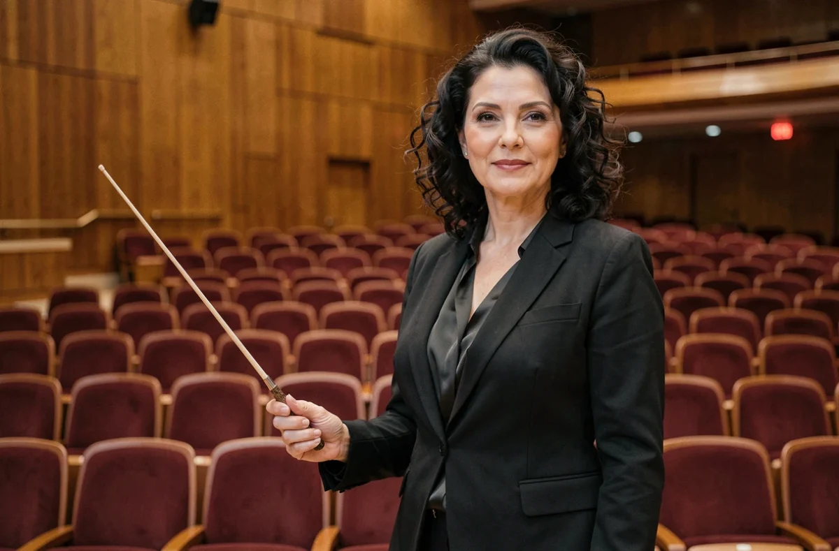 Cheffe d'orchestre élégante tenant une baguette dans une salle de concert parisienne, évoquant l'univers de Zahia Ziouani