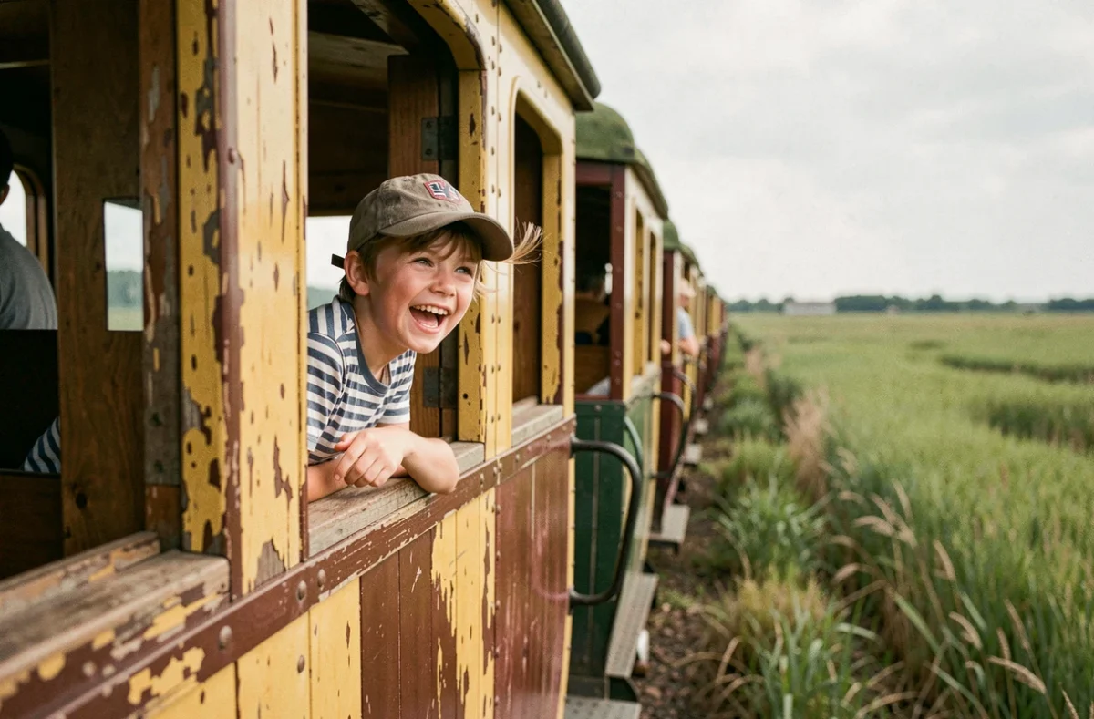 Enfant à la fenêtre d'une rame du chemin de fer touristique de la Baie de Somme
