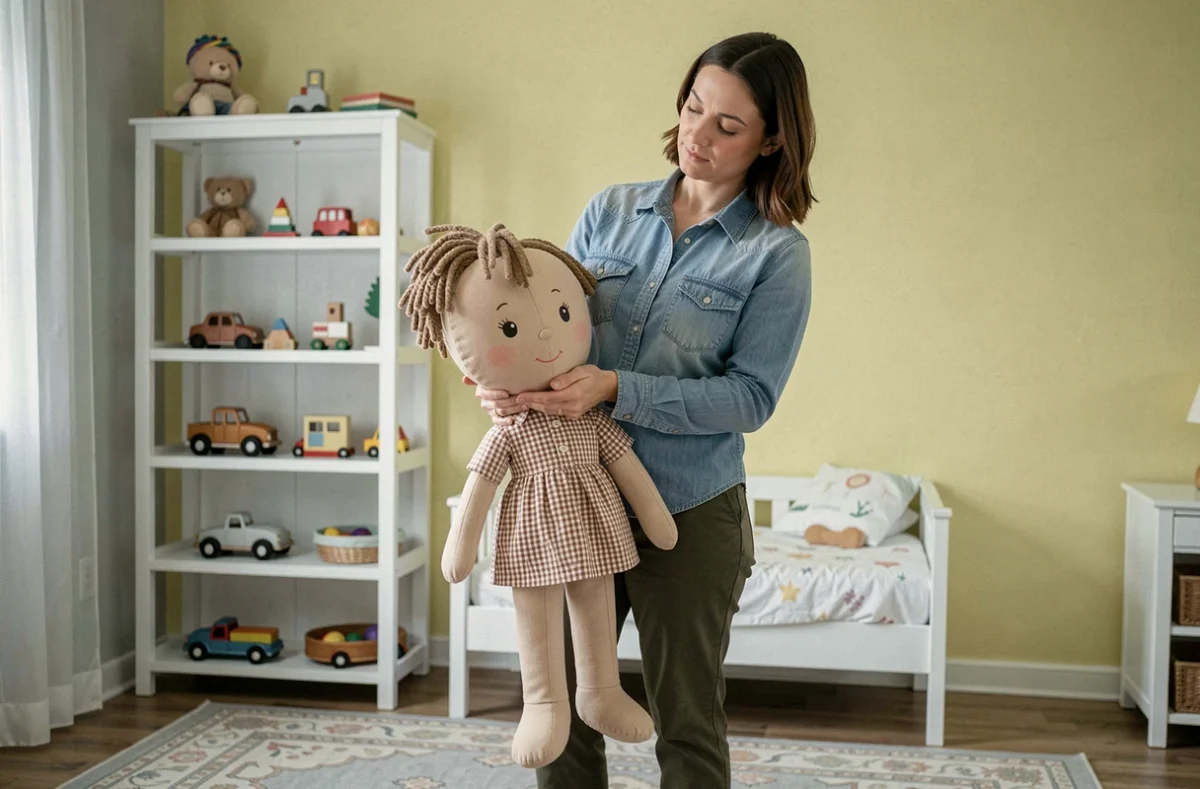 Femme debout dans une chambre d'enfant comparant sa taille à celle d'une grande poupée géante en tissu à carreaux