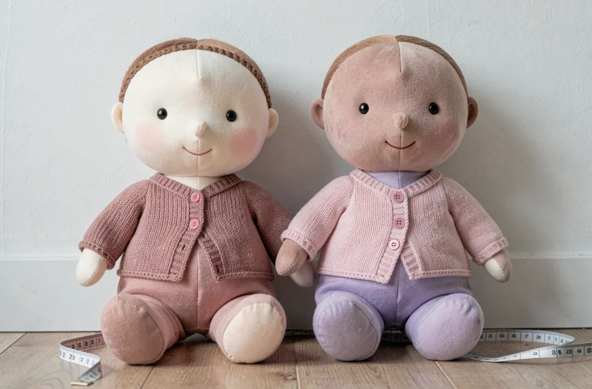 Deux poupées géantes en tissu de tailles différentes posées côte à côte sur un plancher en bois avec un mètre ruban
