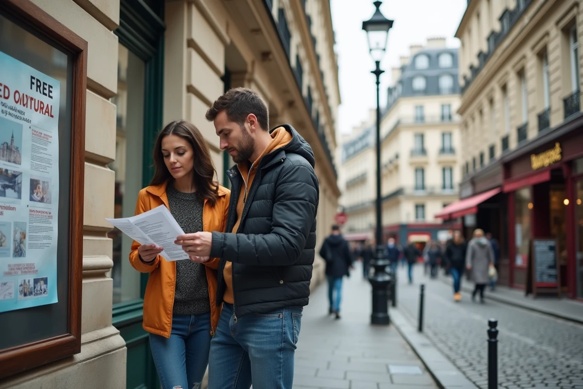 Couple consultant un programme d'activités gratuites dans une rue parisienne