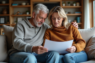 Couple adulte en réflexion avec papiers d'adoption dans un salon chaleureux