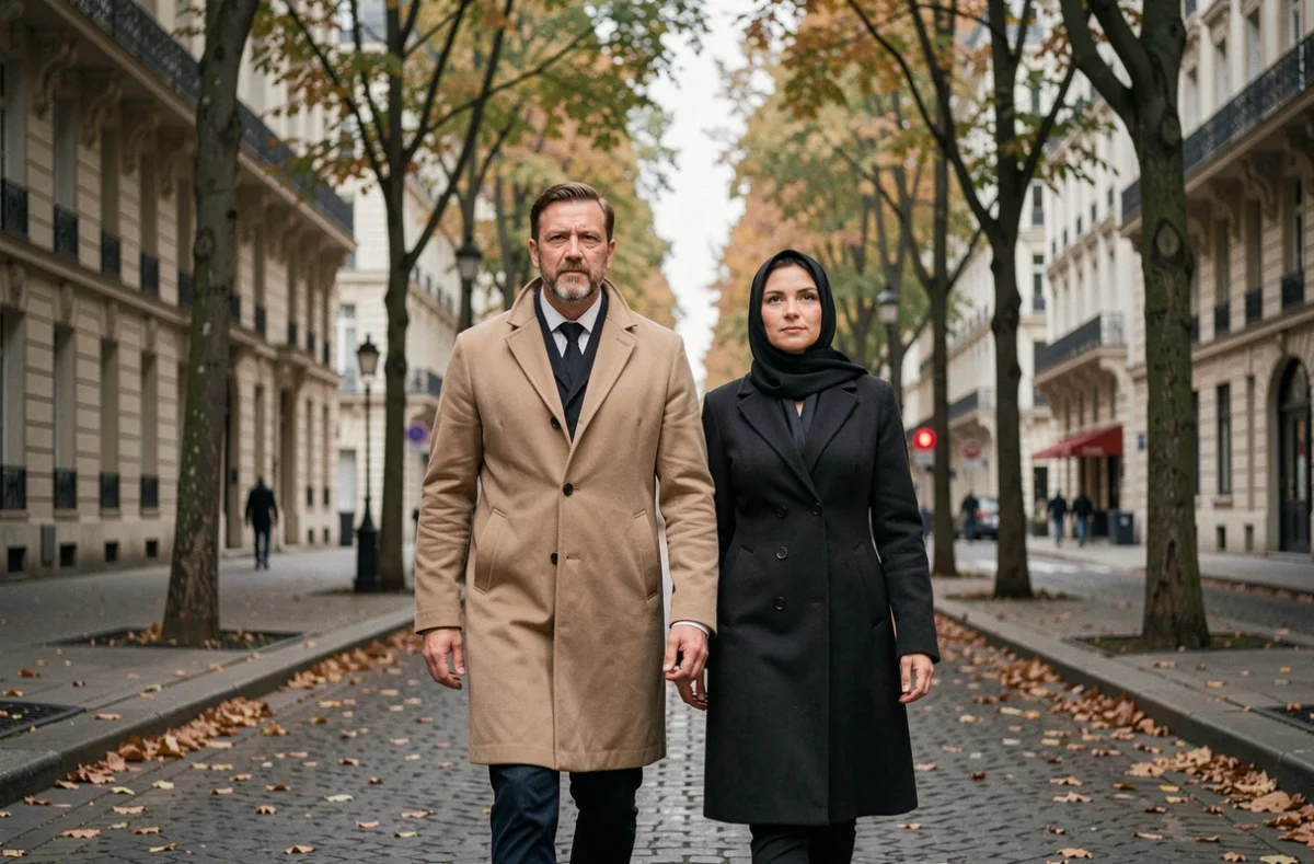 Couple marchant discrètement dans une avenue parisienne, représentant la vie privée préservée du mari de Diams loin des médias