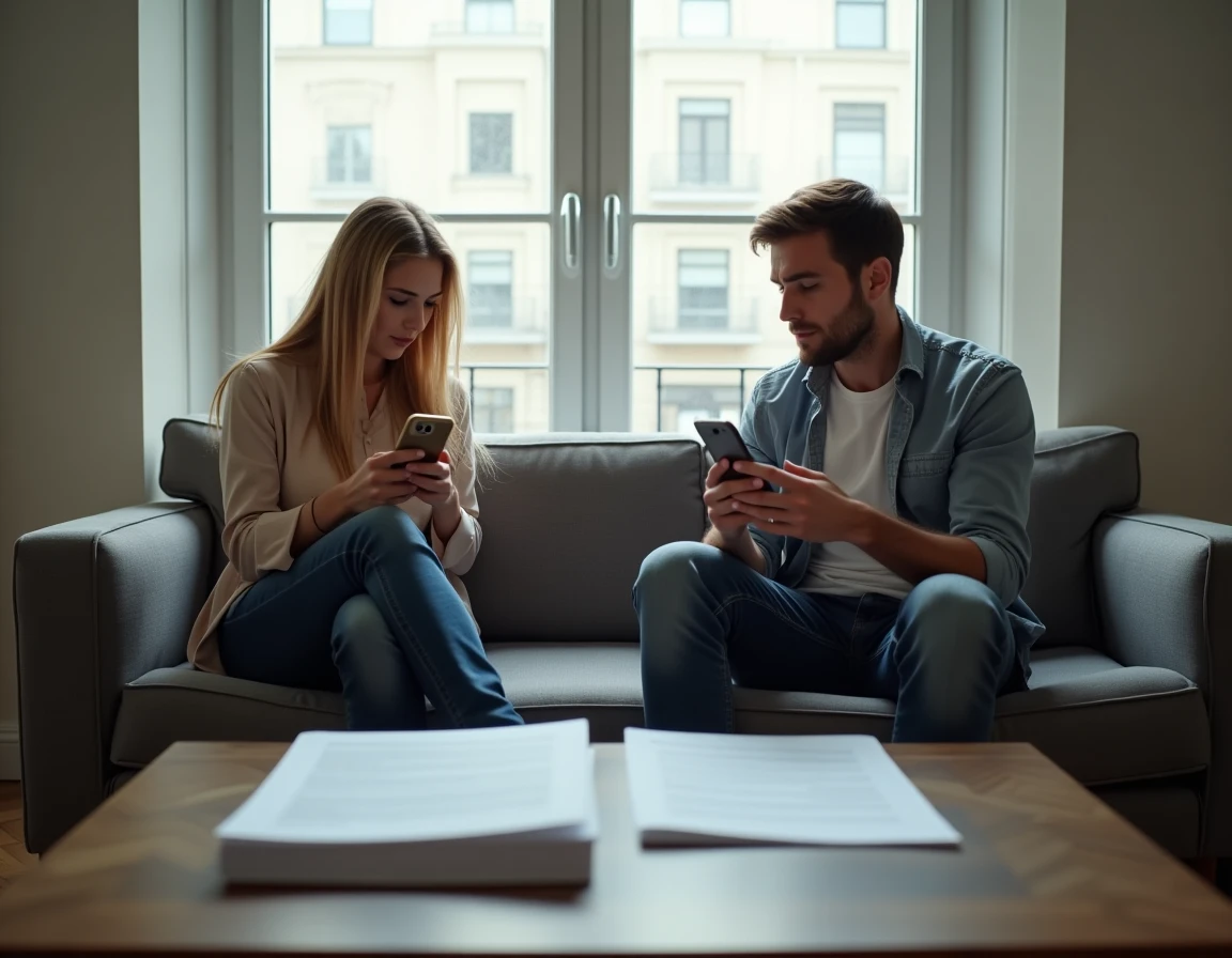 Couple en cours de divorce assis sur un canapé avec des documents juridiques, pièges du divorce par internet en France
