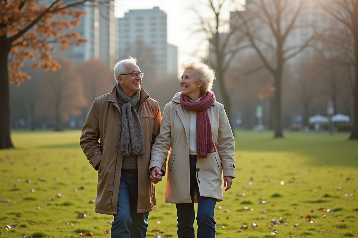 Couple âgé marchant main dans la main dans un parc urbain