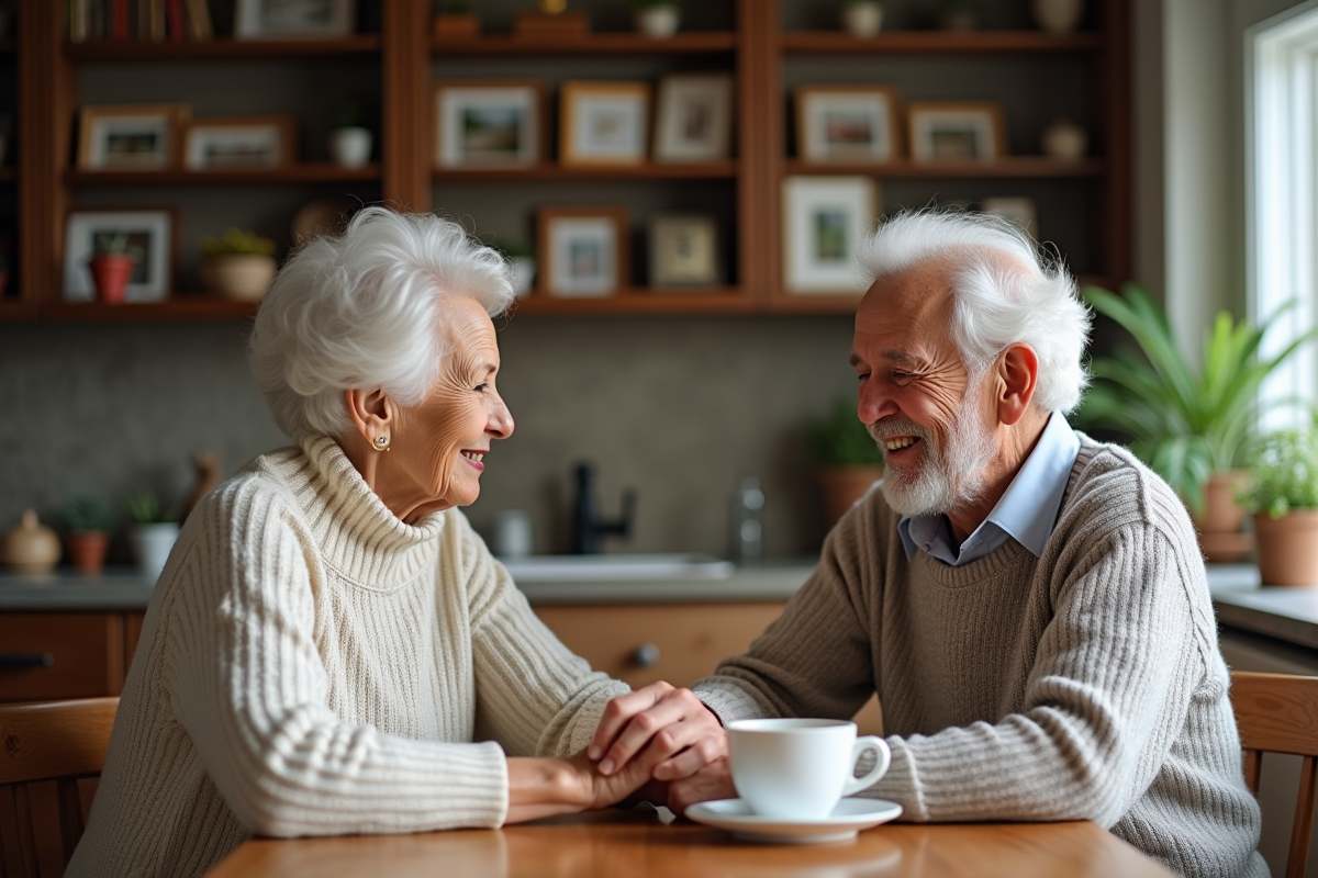 Couple âgé riant autour d’un café à la maison
