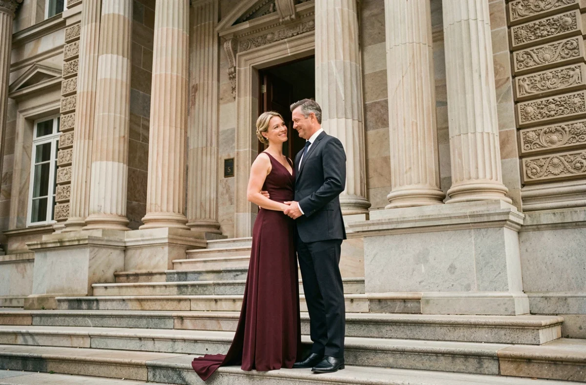 Couple élégant en tenue de soirée devant un bâtiment néoclassique, illustrant un mariage discret et raffiné
