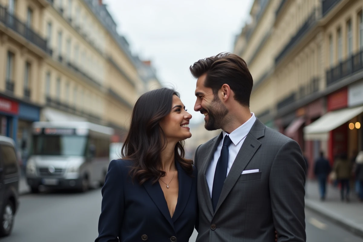 Couple élégant dans la trentaine souriant dans une rue parisienne, illustrant l'intérêt pour la vie privée de Noémie Wira et son mari